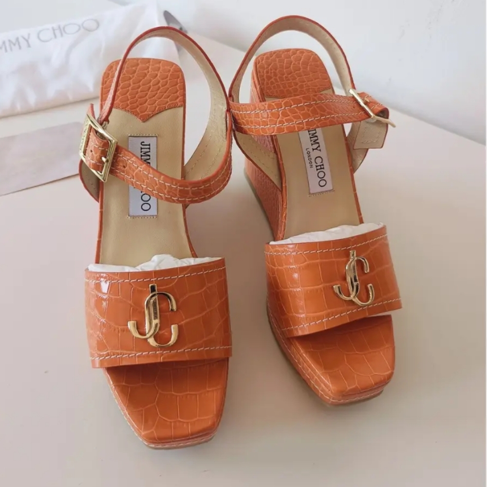 NIB Jimmy Choo JC Ankle Wedge 110 in Amber Orange Crocodile Wedge 36.5/ 6.5